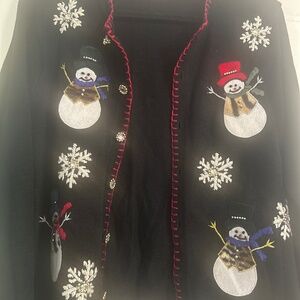 Vintage Victoria Jones snowman Christmas sweater with rhinestone buttons and red